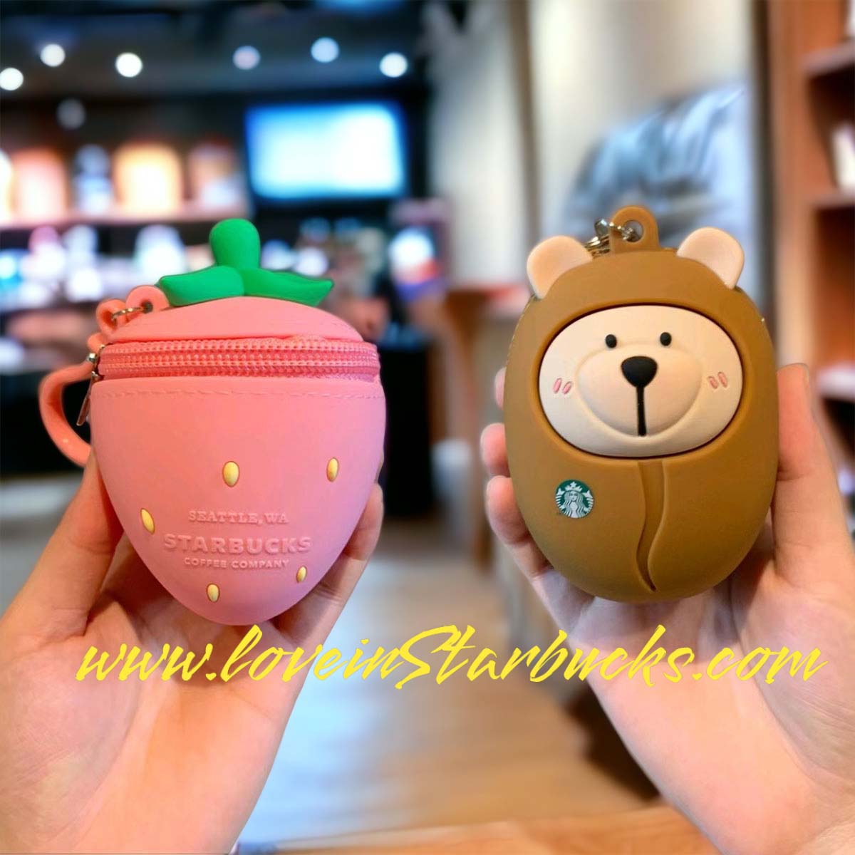 Starbucks Tumblers China 2023 Natural series Strawberry bear/ coffee bean bear coin purse bag Decompression toy