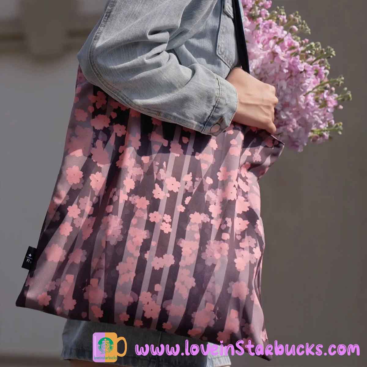 Starbucks Tumbler 2023 Reserve Artist Collection Limited Edition Cool Black and Pink Sakura Double sided tote bag