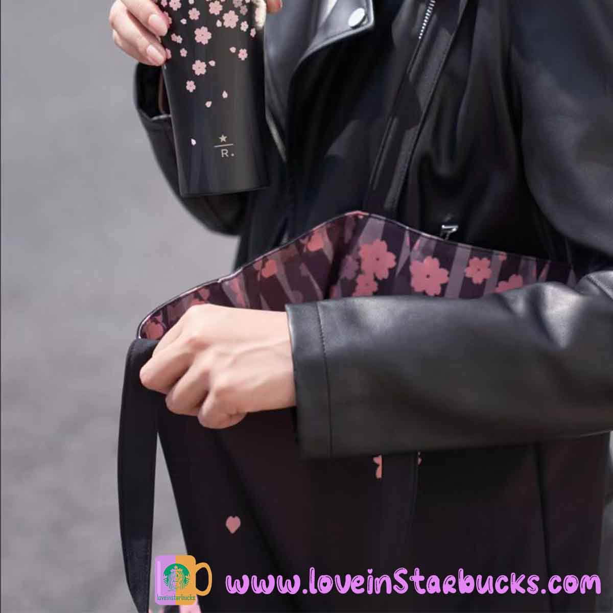 Starbucks Tumbler 2023 Reserve Artist Collection Limited Edition Cool Black and Pink Sakura Double sided tote bag