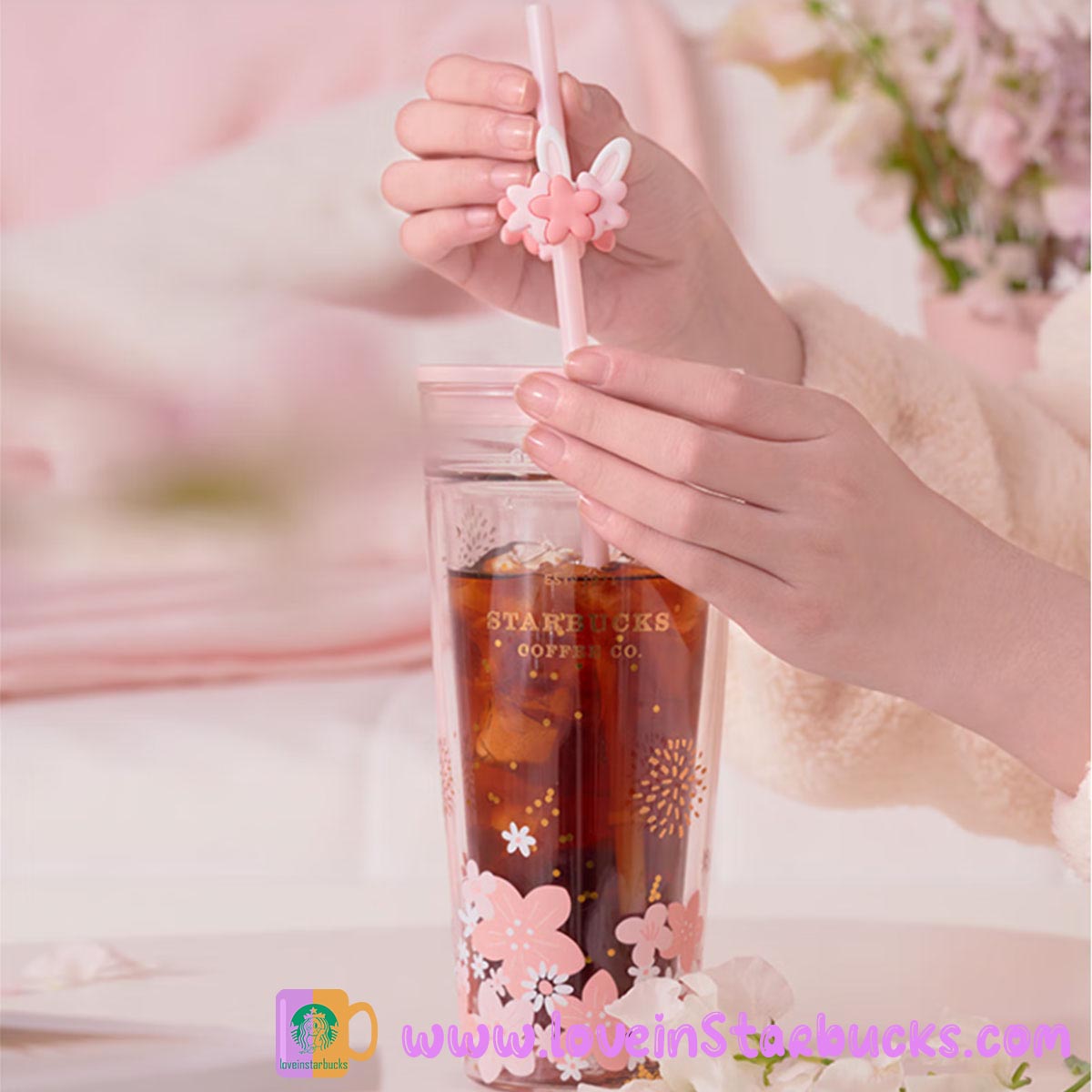 2023 Starbucks Glass Cup 13oz Tumbler Coffee Cup Pink Sakura + Cute Straw  Topper