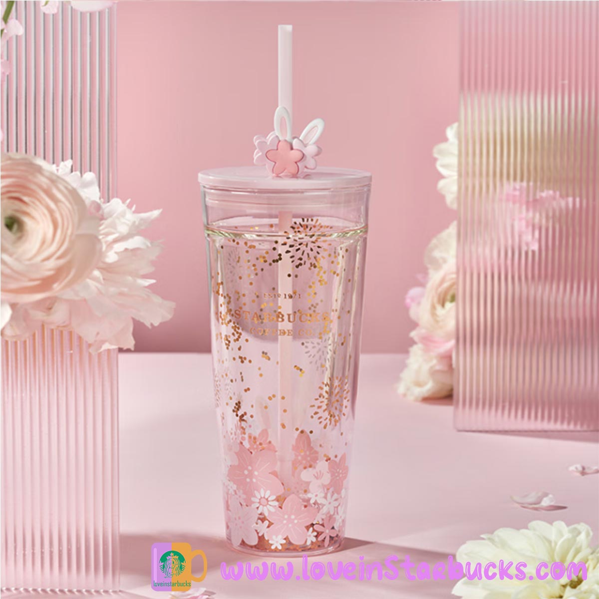 2023 Starbucks Glass Cup 13oz Tumbler Coffee Cup Pink Sakura + Cute Straw  Topper