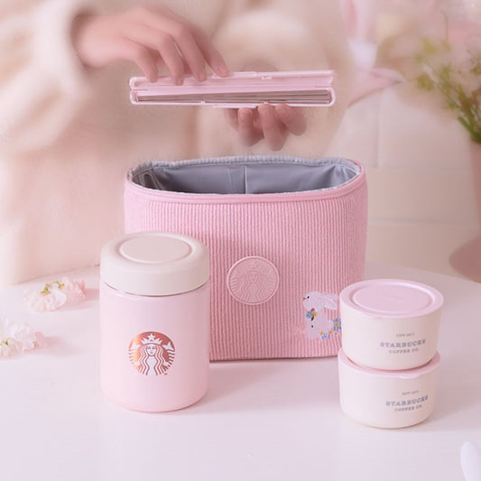 Starbucks China 2023 Spring Cute Rabbit Blooming Lunch Set Stainless Steel Cup Double Lunch Box Picnic Set Starbucks loveinstarbucks