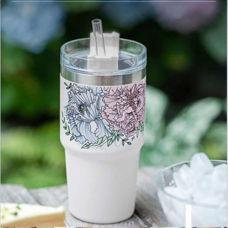 Stanley tumbler floral and white stainless steel straw cup 24oz and 16oz
