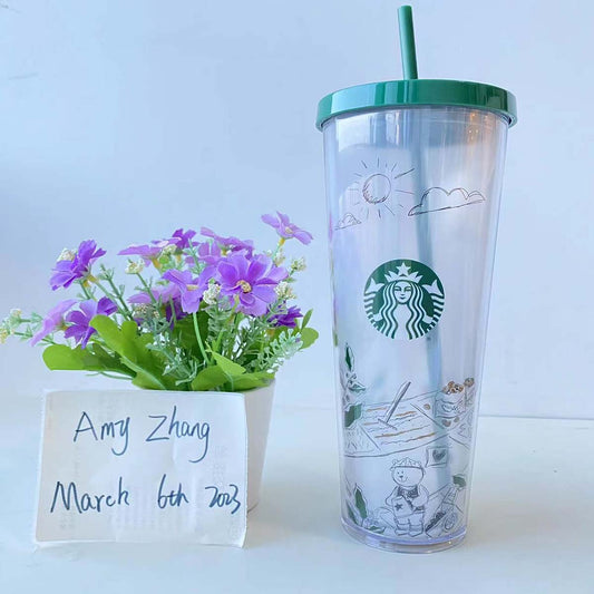 promotion  Starbucks 2022 China Green season Double layer plastic straw cup 24oz