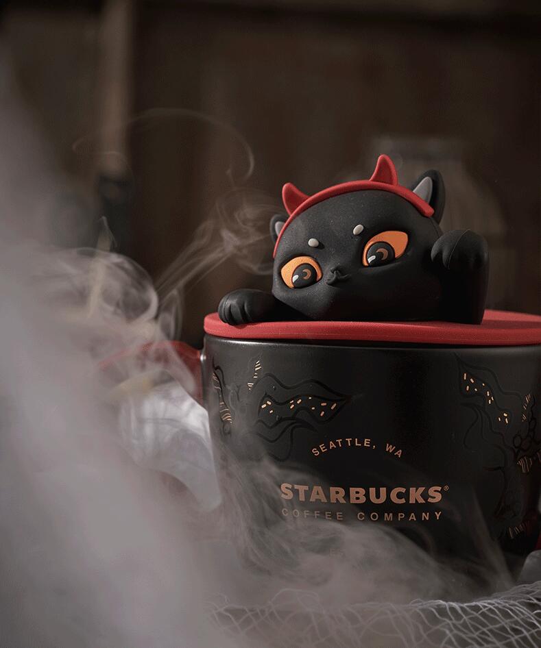 Black Ceramic Mug with Bat Wings and Cat Lid (Starbucks China Halloween  2021 Edition)
