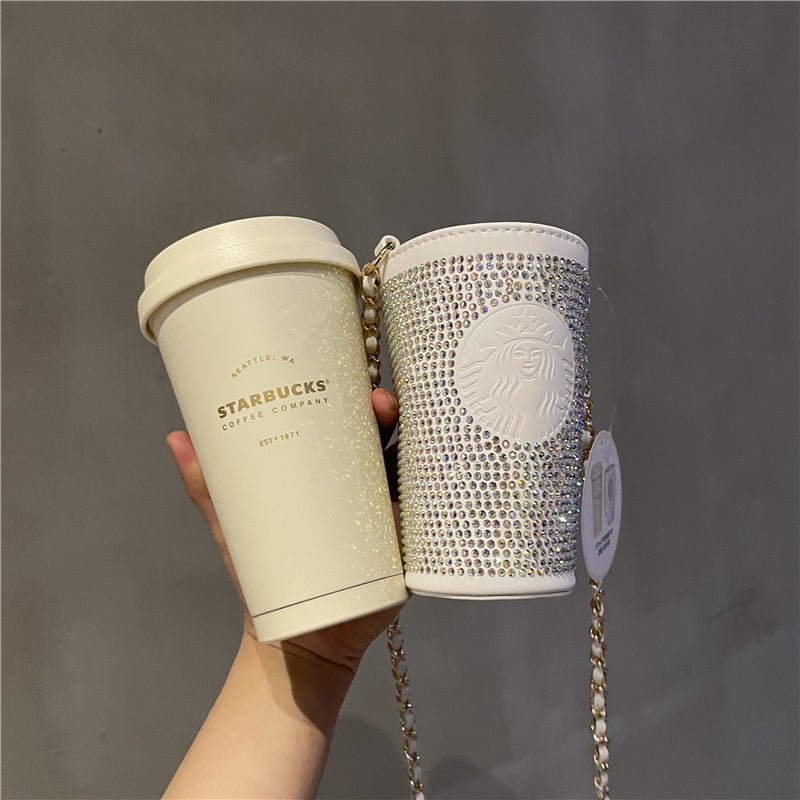 Starbucks China white sparkling diamond stainless steel cup 12.5oz with holder